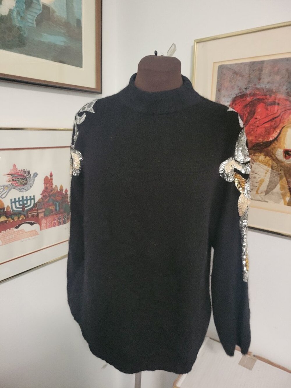 Vintage 80's Sequin Sleeved Black Wool, Silk and Nylon Blend Sweater